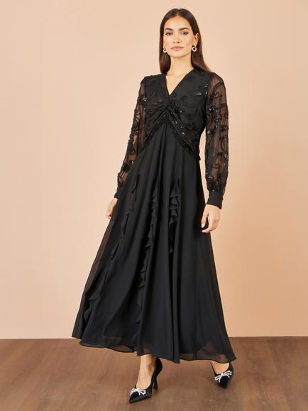 Yumi Sequin and Ruffle Maxi Dress, Black - view 2, Black
