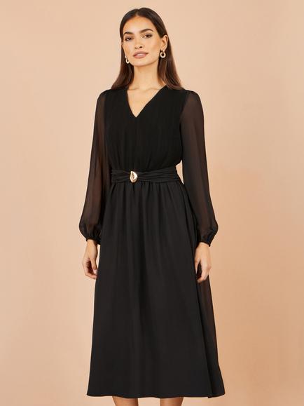 Yumi Buckle Detail Midi Dress, Black - view 2, Black