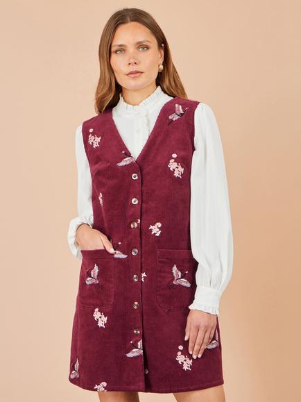 Yumi Crane Embroidery Button Up Pinafore Dress, Burgundy, Burgundy