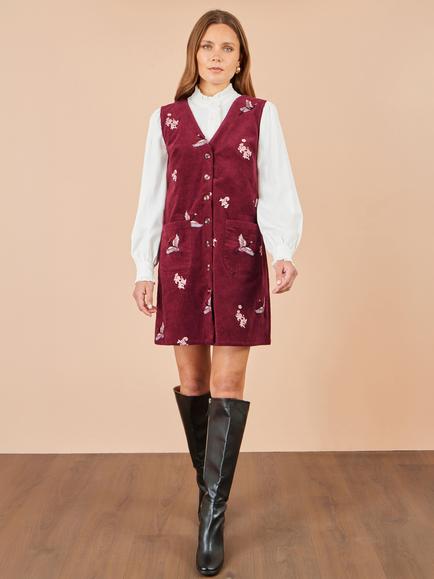 Yumi Crane Embroidery Button Up Pinafore Dress, Burgundy - view 2, Burgundy
