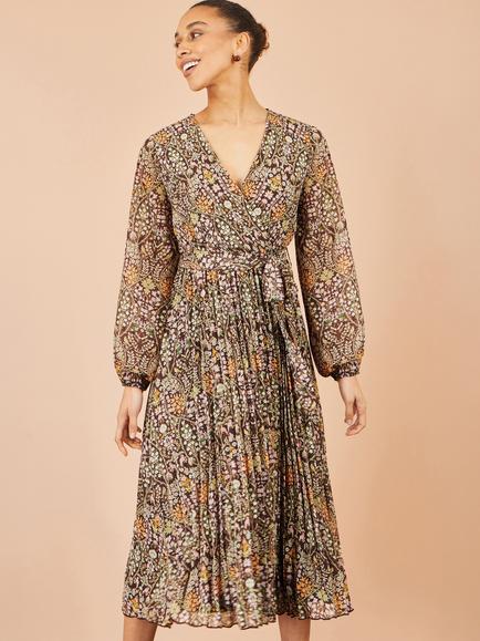 Yumi Ditsy Floral Pleated Midi Dress, Brown, Brown