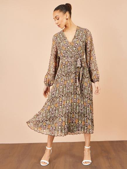 Yumi Ditsy Floral Pleated Midi Dress, Brown - view 2, Brown