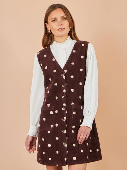 Yumi Embroidered Daisy Pinafore Dress, Brown, Brown