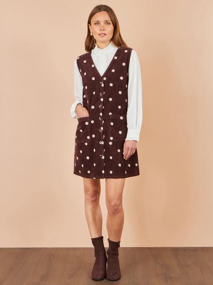 Yumi Embroidered Daisy Pinafore Dress, Brown - view 2, Brown