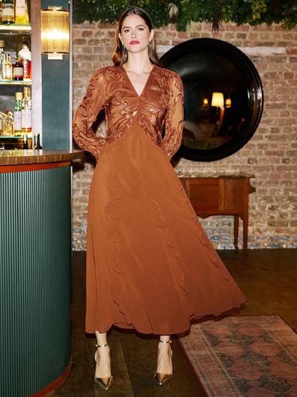 Yumi Sequin Bodice Ruffle Maxi Dress, Brown, Brown