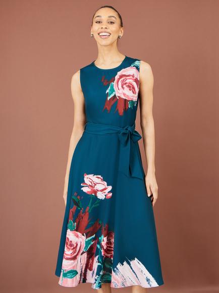 Yumi Abstract Floral Skater Midi Dress, Green, Green