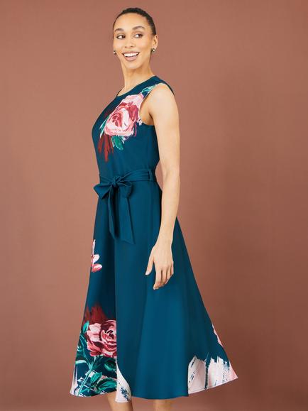 Yumi Abstract Floral Skater Midi Dress, Green - view 2, Green