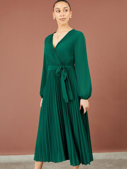 Yumi Pleated Wrap Midi Dress, Green