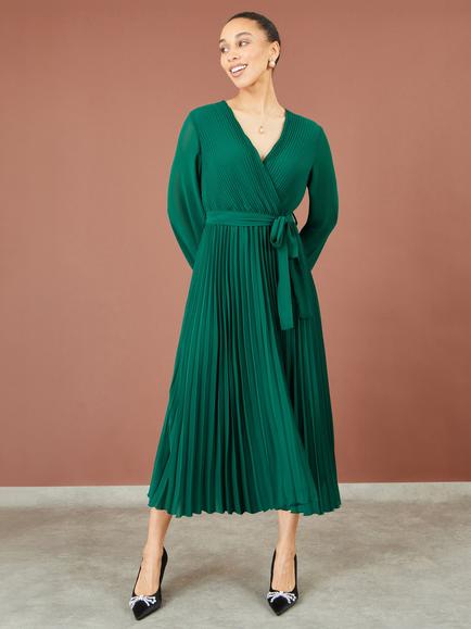 Yumi Pleated Wrap Midi Dress - view 2, Green