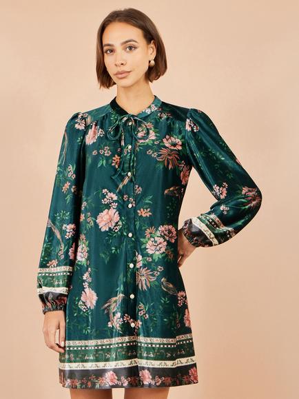 Yumi Floral Printed Velvet Tunic Dress, Green, Green