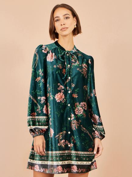 Yumi Floral Printed Velvet Tunic Dress, Green - view 2, Green
