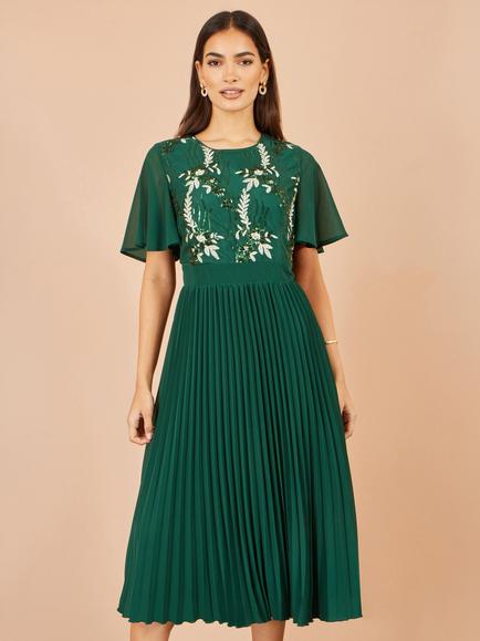 Yumi Sequin Embroidered Pleated Midi Dress, Green, Green