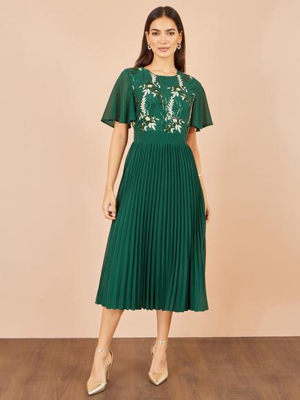 Yumi Sequin Embroidered Pleated Midi Dress, Green - view 2, Green