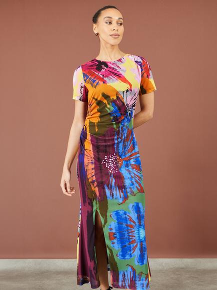 Yumi Abstract Floral Mesh Midi Dress, Multi, Multi