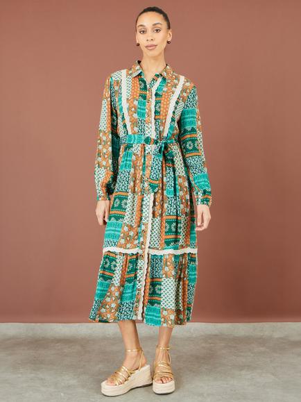 Yumi Patchwork Midi Shirt Dress, Multi - view 2, Multi