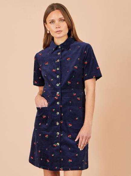 Yumi Embroidered Corduroy Cherry Shirt Dress, Navy, Navy