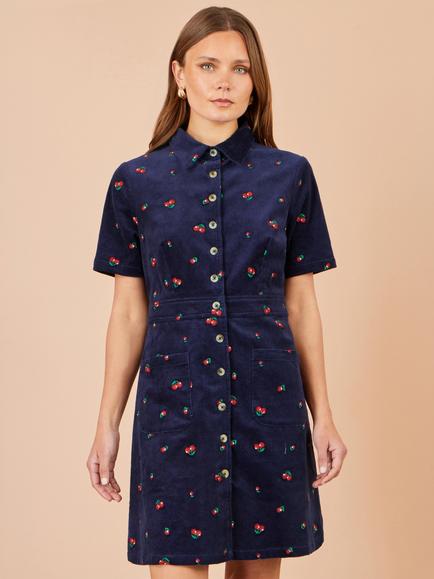 Yumi Embroidered Corduroy Cherry Shirt Dress, Navy - view 2, Navy