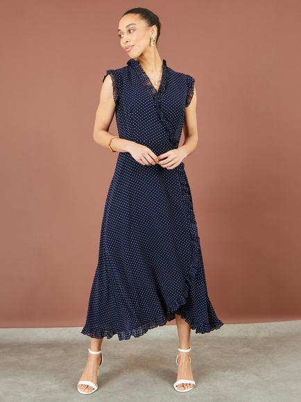 Yumi Polka Dot Midi Wrap Frill Dress, Navy, Navy