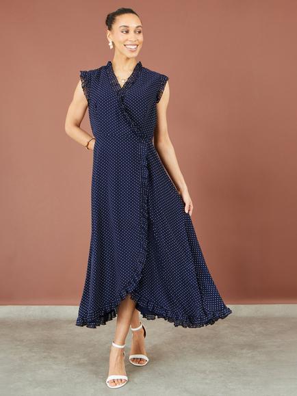Yumi Polka Dot Midi Wrap Frill Dress, Navy - view 2, Navy