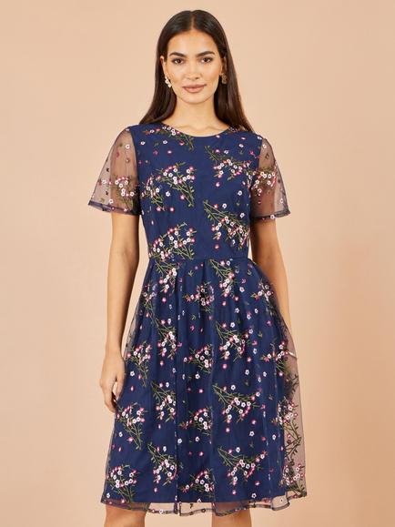 Yumi Embroidered Floral Mesh Prom Dress, Navy, Navy