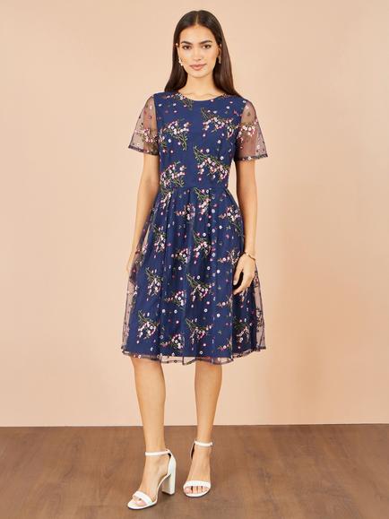 Yumi Embroidered Floral Mesh Prom Dress, Navy - view 2, Navy