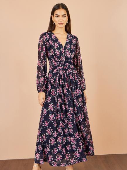 Yumi Floral Mesh Ruched Waist Maxi Dress, Navy, Navy