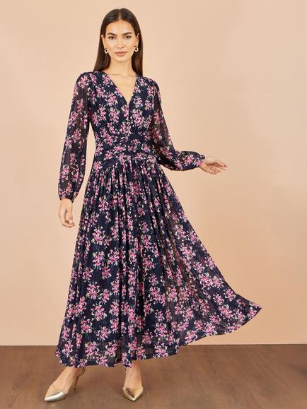 Yumi Floral Mesh Ruched Waist Maxi Dress, Navy - view 2, Navy