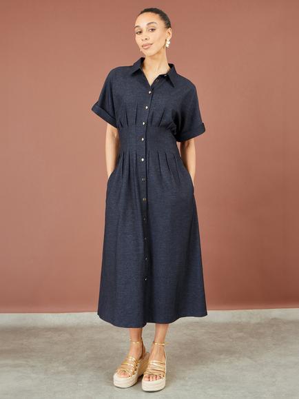 Yumi Stretch Midi Shirt Dress, Blue, Blue