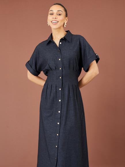 Yumi Stretch Midi Shirt Dress, Blue - view 2, Blue
