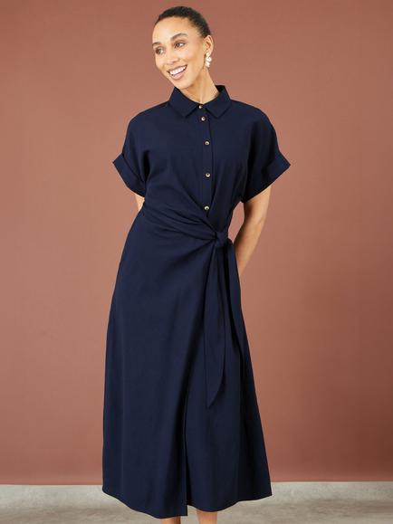 Yumi Wrap Tie Midi Shirt Dress, Navy, Navy