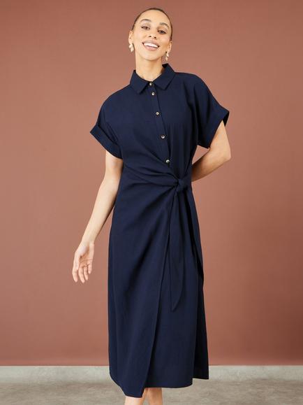 Yumi Wrap Tie Midi Shirt Dress, Navy - view 2, Navy