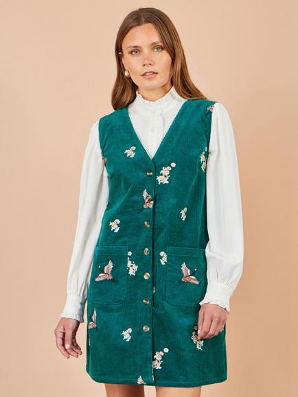 Yumi Crane Embroidery Button Up Pinafore Dress, Teal, Teal