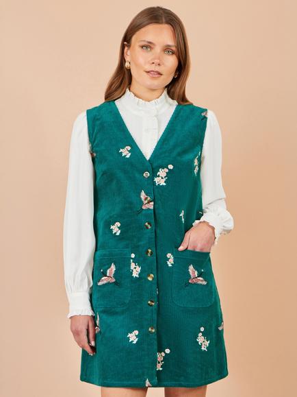 Yumi Crane Embroidery Button Up Pinafore Dress, Teal - view 2, Teal