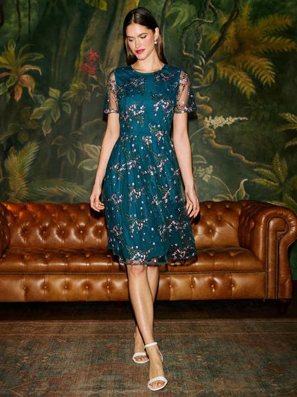 Yumi Embroidered Mesh Dress, Teal, Teal
