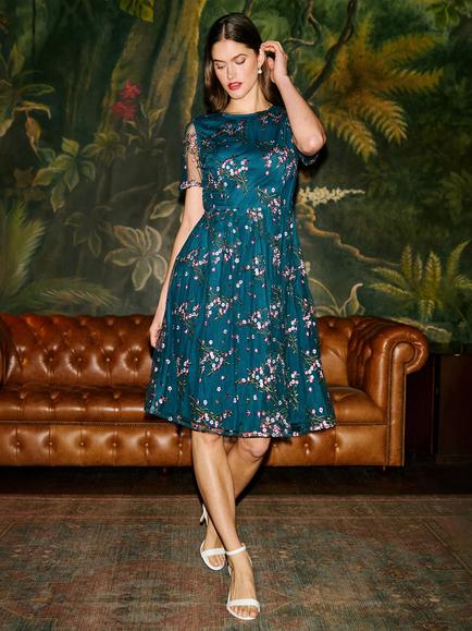 Yumi Embroidered Mesh Dress, Teal - view 2, Teal
