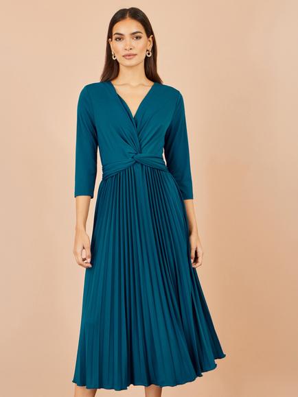 Yumi Stretch Wrap Pleated Midi Dress, Teal, Teal