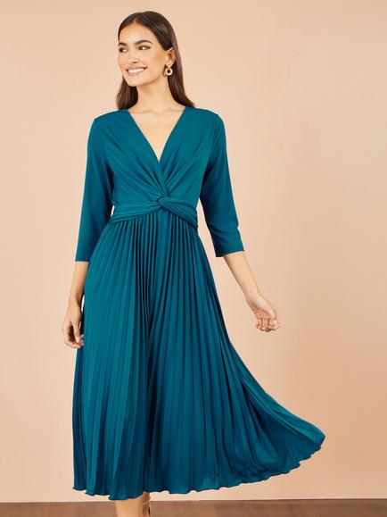 Yumi Stretch Wrap Pleated Midi Dress, Teal - view 2, Teal