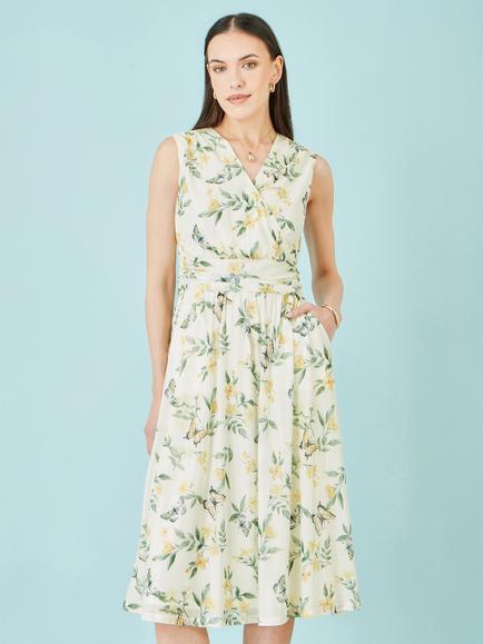 Yumi Floral Print Mesh Stretch Midi Dress, Ivory, Ivory