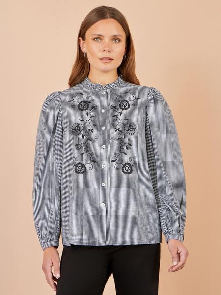 Yumi Gingham Floral Embroidered Shirt, Black, Black