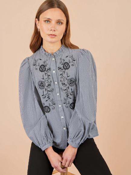 Yumi Gingham Floral Embroidered Shirt, Black - view 2, Black
