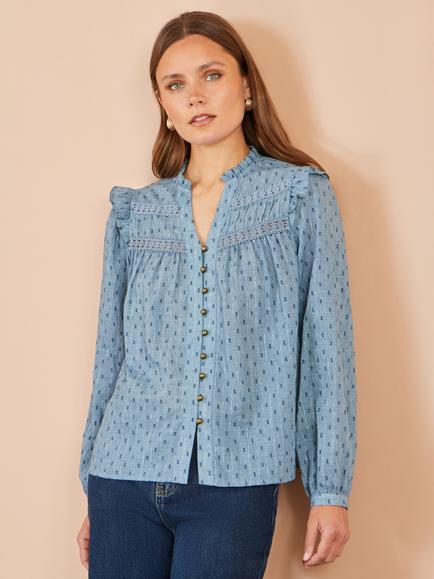 Yumi Textured Spot Lace Detail Shirt, Blue, Blue