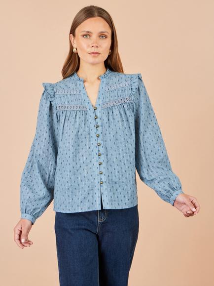 Yumi Textured Spot Lace Detail Shirt, Blue - view 2, Blue