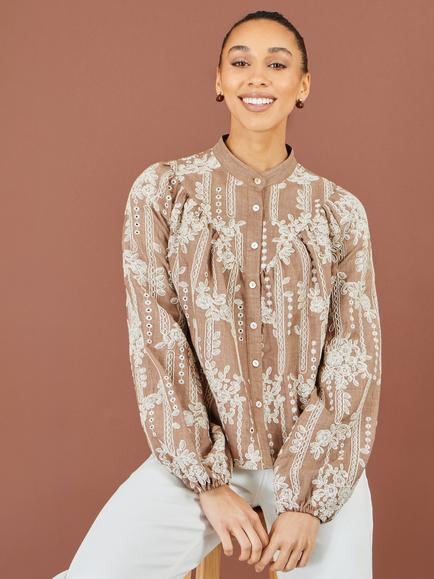 Yumi Embroidered Floral Relaxed Shirt, Brown, Brown