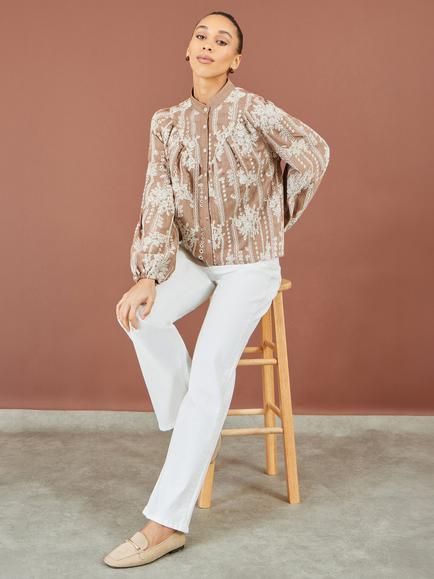 Yumi Embroidered Floral Relaxed Shirt, Brown - view 2, Brown