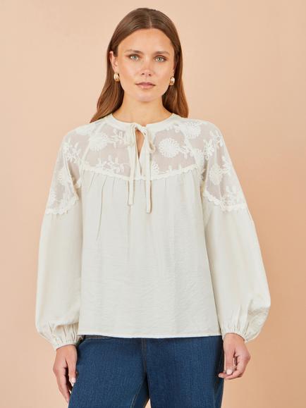Yumi Lace Relaxed Boho Shirt, Ivory - view 2, Ivory