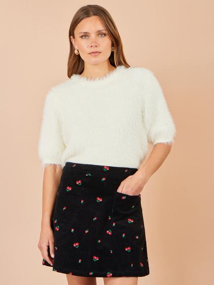 Yumi Cherry Embroidered Corduroy Mini Skirt, Black, Black