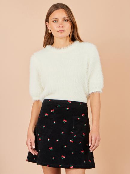 Yumi Cherry Embroidered Corduroy Mini Skirt, Black - view 2, Black