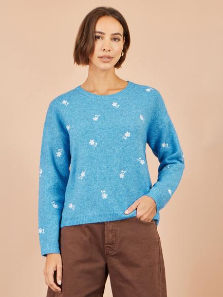 Yumi Daisy Embroidered Relaxed Jumper, Blue