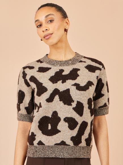 Yumi Leopard Intarsia Short Sleeve Jumper, Brown - view 2, Brown