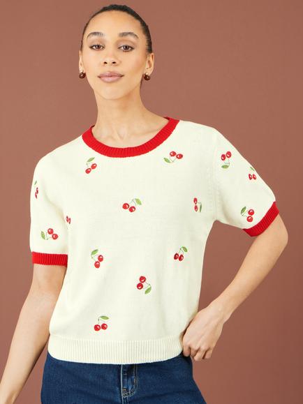 Yumi Cherry Cotton Knitted Top, Ivory, Ivory